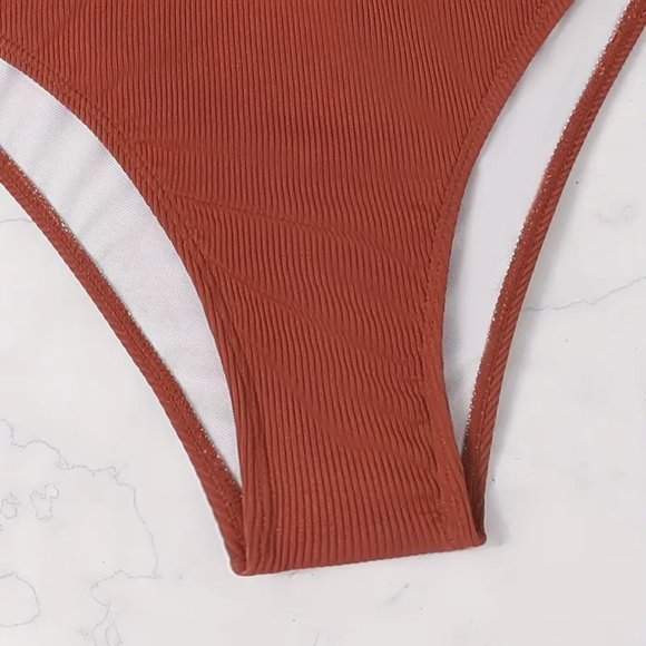 Caramel Solid Color Two Piece Bikini Sets Swimsuit, Halter Neck High Waist - Picture 5 of 10